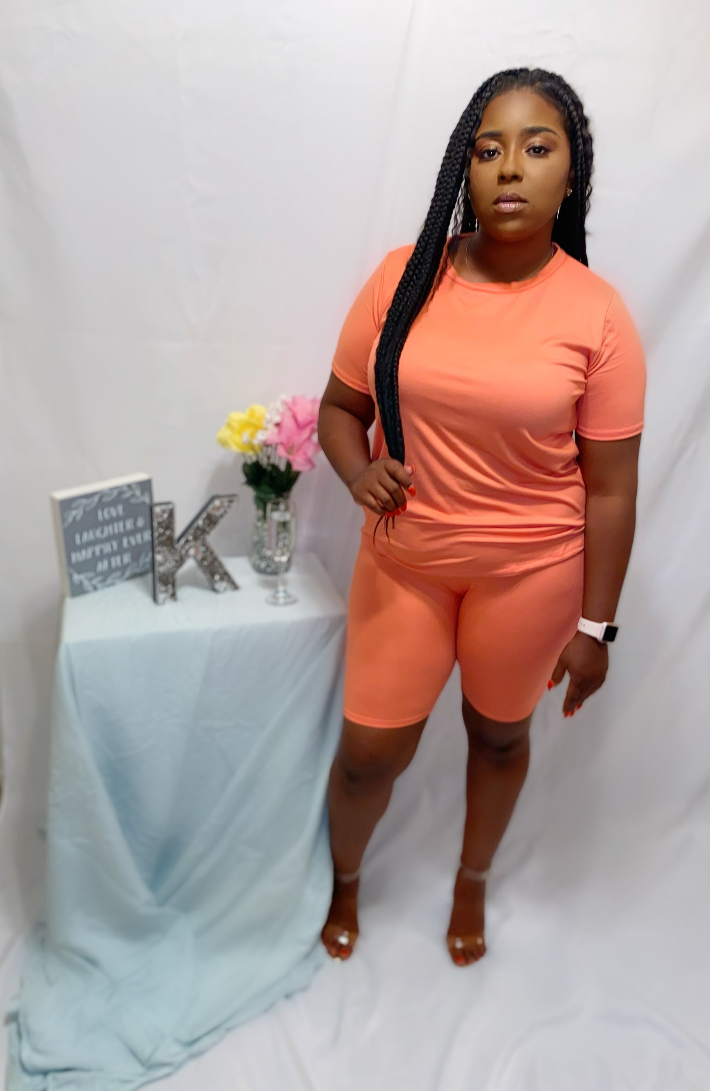 Coral Biker Girl Short Set-Plus Size (Round Neck Top)