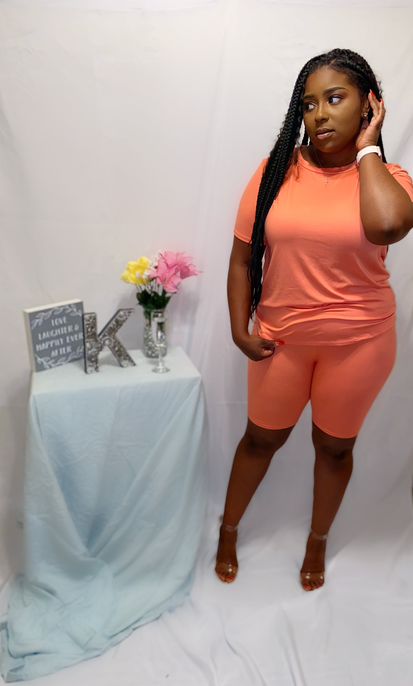 Coral Biker Girl Short Set-Plus Size (Round Neck Top)